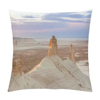Personality  Sunrise Over Ustyurt Plateau. District Of Boszhir. The Bottom Of A Dry Ocean Tethys. Rocky Remnants. Kazakhstan. Selective Focus Pillow Covers