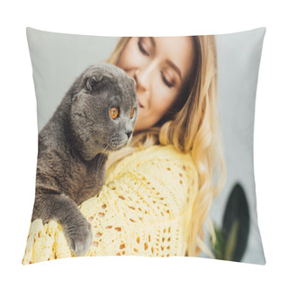 Personality  Beautiful Girl In Knitted Sweater Holding Scottish Fold Cat  Pillow Covers