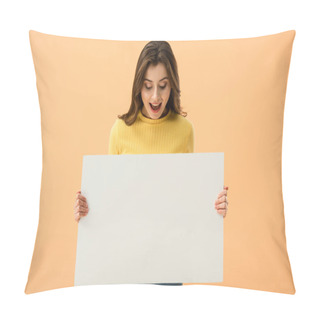 Personality  Excited Brunette Young Woman Holding Blank Placard And Laughing Isolated On Orange Pillow Covers