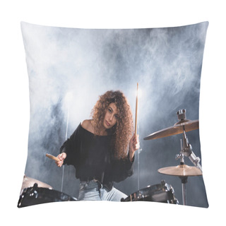 Personality  Female Musician With Drumsticks Playing On Drum Kit While Looking At Camera With Smoke On Background Pillow Covers