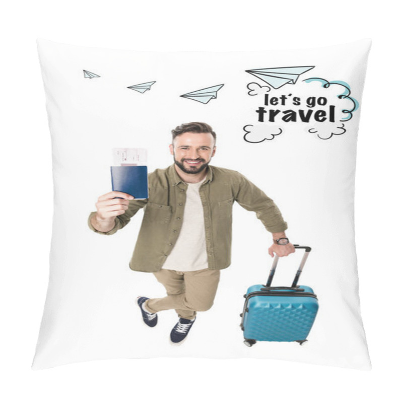 Personality  man with suitcase, passport and tickets pillow covers