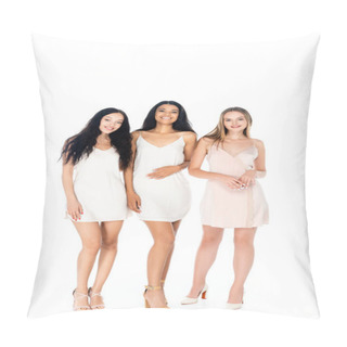Personality  Full Length Of Cheerful Multiethnic Women In Dresses Isolated On White Pillow Covers