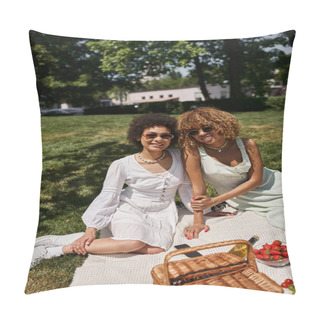 Personality  Carefree African American Girlfriends On Summer Picnic, Blanket, Straw Basket, Food, Wine Pillow Covers