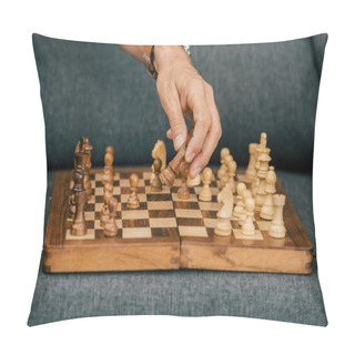 Personality  Close-up Partial View Of Man Playing Chess On Couch Pillow Covers