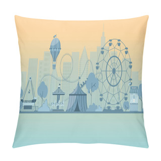 Personality  Monochrome Vector Background Of Amusement Park. Urban Landscape With Carousels, Roller Coaster And Air Balloon. Carnival Theme Vector Illustration. Pillow Covers