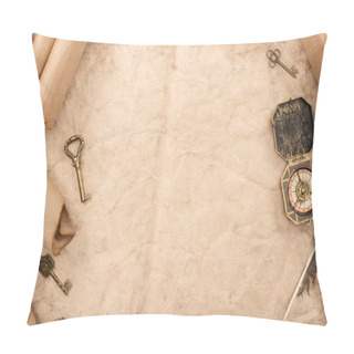 Personality  Top View Of Vintage Keys And Compass Near Feather On Aged Paper Pillow Covers