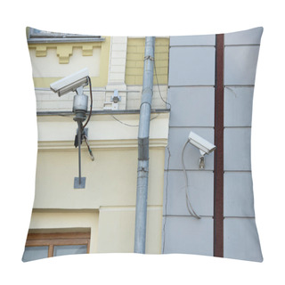 Personality  Close Up View Of Security Cameras On Different Buildings Facades Pillow Covers