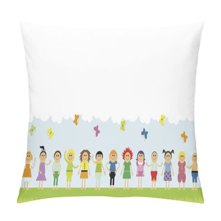 Personality  Vector Illustration Of Children Standing In A Row On The Green Field. Copyspace With Clouds And Butterflies Pillow Covers