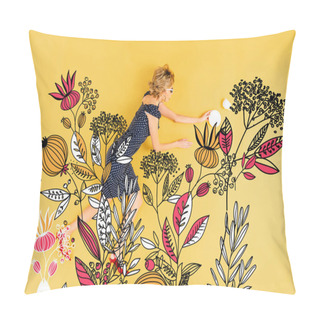 Personality  Top View Of Young Elegant Woman With Saucer And Cup Lying On Yellow Background With Floral Illustration Pillow Covers