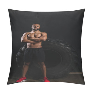 Personality  Full Length View Of Shirtless African American Sportsman Standing With Crossed Arms Near Big Tyre And Looking At Camera On Black  Pillow Covers