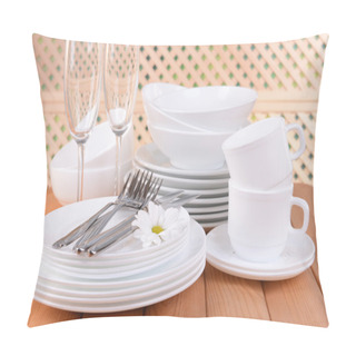 Personality  Set Of White Dishes On Table On Light Background Pillow Covers