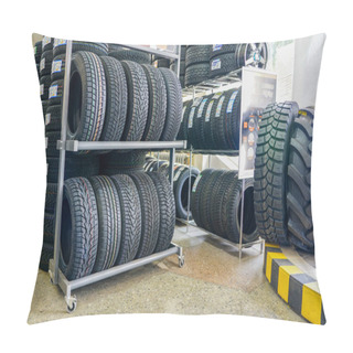 Personality  A Lot Of New Modern Winter Tires, Tire Shop In The Background Pillow Covers