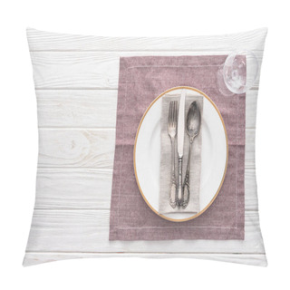 Personality  Flat Lay With Plate, Fork, Knife, Spoon Near Wine Glass On Served Table With Table Cloth Pillow Covers