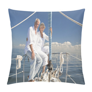 Personality  A Happy Senior Couple Embracing At The Front Or Bow Of A Sail Boat Pillow Covers