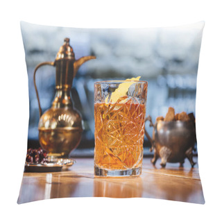Personality  Close-up View Of Glass With Old Fashioned Cocktail On Table Pillow Covers