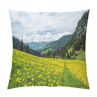 Personality  Yellow And Green Dandelion Field And Snowy Mountains With Blue Sky And Clouds Pillow Covers
