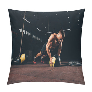 Personality  Handsome Fit Sportsman Doing Push Ups On Medicine Ball In Dark Gym Pillow Covers