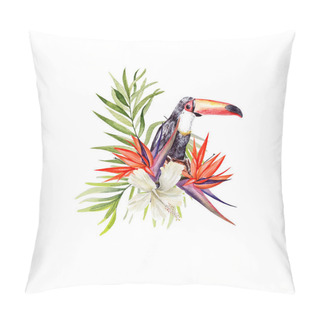 Personality  A Beautiful Watercolor Bouquet With A Bird Of Toucan And Leaves Of A Palm Tree, Flowers Hibiscus.   Pillow Covers