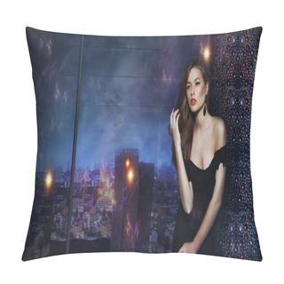 Personality  Beautiful Girl Over Futuristic Urban Background Of Night City Pillow Covers