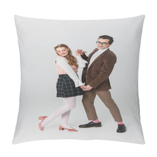 Personality  Full Length View Of Old Fashioned Couple Dancing On Grey Pillow Covers