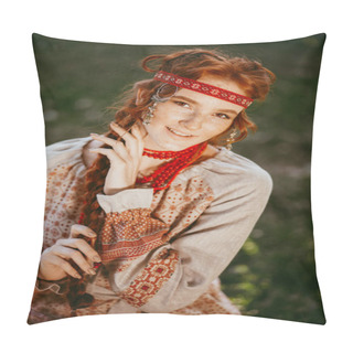 Personality  Beautiful Slavic Girl With Long Blonde Hair And Brown Eyes In A White And Red Embroidered Suit.Traditional Clothing Of The Ukrainian Region.summer Day Pillow Covers