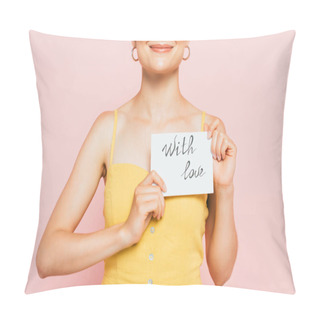 Personality  Cropped View Of Young Woman Holding With Love Card Isolated On Pink Pillow Covers