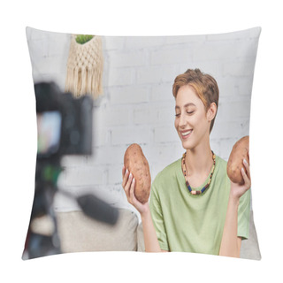 Personality  Cheerful Vegetarian Woman Holding Sweet Potato In Front Of Blurred Digital Camera During Video Blog Pillow Covers