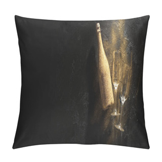 Personality  Photo Of Golden Champagne Bottle, Two Wine Glasses On Black Stone Background Pillow Covers