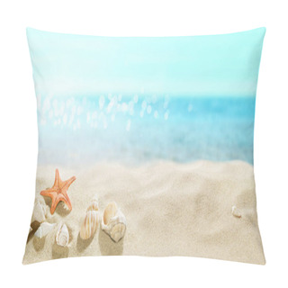Personality  View Of The Sandy Beach. Shells In The Sand. Pillow Covers