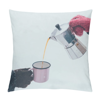 Personality  Partial View Of Man Pouring Hot Coffee Into Cup On Winter Day Pillow Covers