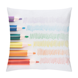 Personality  Top View Of Rainbow Multicolored Pencils And Colorful Strokes On Grey Background, Lgbt Concept Pillow Covers