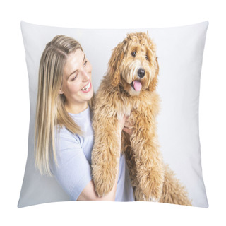 Personality  Woman With His Golden Labradoodle Dog Isolated On White Background Pillow Covers