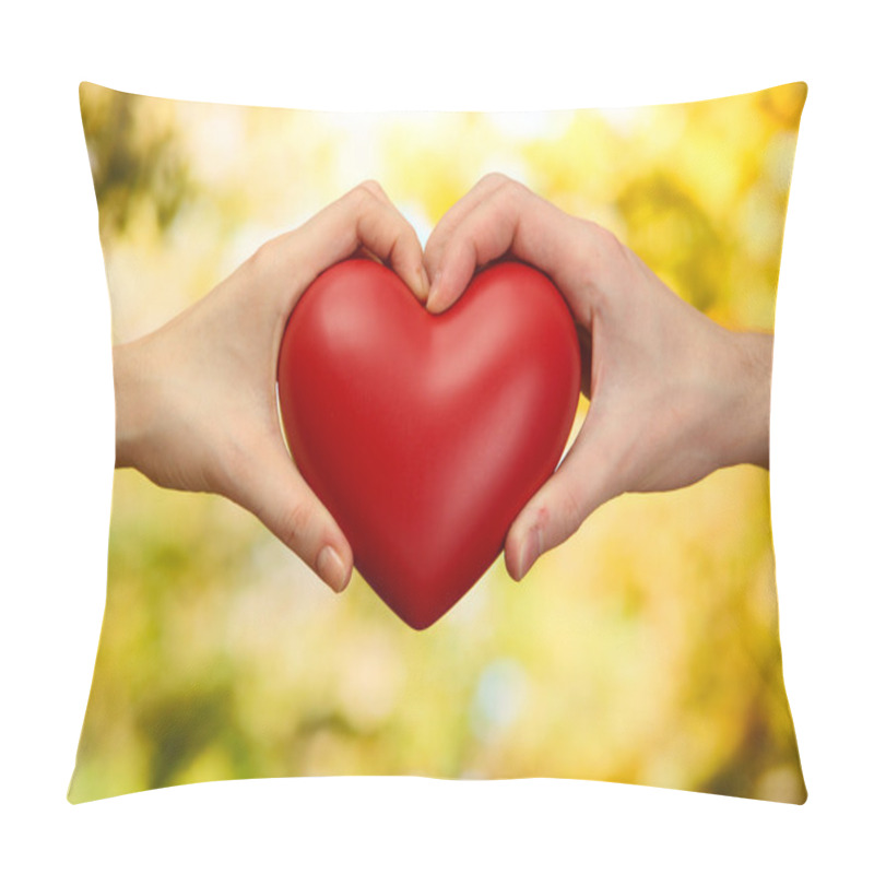 Personality  Red Heart In Woman And Man Hands, On Green Background Pillow Covers