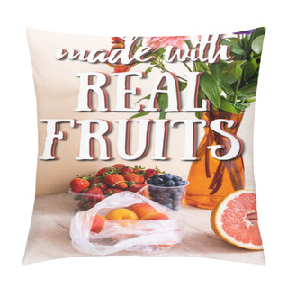 Personality  Floral And Fruit Composition With Berries, Grapefruit And Apricots Near Made With Real Fruits Lettering On Beige  Pillow Covers