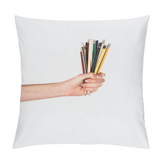 Personality  Close-up View Of Female Hand With Colorful Pencils Isolated On White Background Pillow Covers