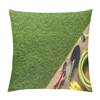 Personality  Top View Of Shovel, Secateurs, Protective Gloves And Hosepipe On Wooden Planks  Pillow Covers