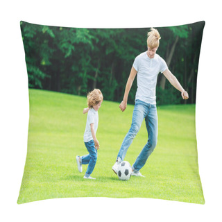 Personality  Father And Son Playing Soccer In Park Pillow Covers