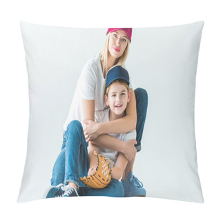 Personality  Smiling Mother Hugging Son And Sitting On Floor With Baseball Glove On White Pillow Covers