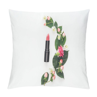 Personality  Top View Of Composition With Leaves, Roses, Berries, Hrysanthemums And Pink Lipstick Isolated On White Pillow Covers
