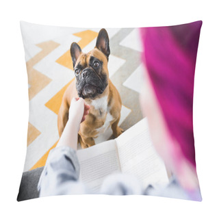 Personality  Selective Focus Of Girl With Colorful Hair Petting French Bulldog And Holding Book Pillow Covers