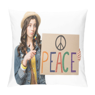 Personality  Pretty Hippie Girl Pointing With Finger At Placard With Inscription Isolated On White Pillow Covers