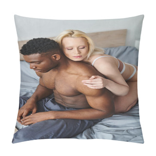 Personality  A Multicultural Couple Lies Naked On A Bed, Sharing A Tender Moment Of Intimacy And Closeness. Pillow Covers