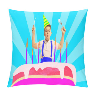 Personality  Boy, Child Standing With Giant Birthday Cake With Candles Over Blue Background. Contemporary Art Collage. Concept Of Celebration, Childhood, , Inspiration. Poster, Ad. Bright Design Pillow Covers