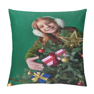 Personality  Holiday Spirit, Happy Girl In Ear Muffs Hugging Decorated Christmas Tree On Turquoise Backdrop Pillow Covers