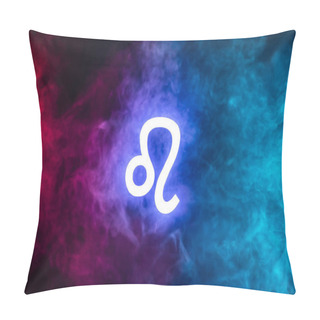 Personality  Blue Illuminated Leo Zodiac Sign With Colorful Smoke On Background Pillow Covers