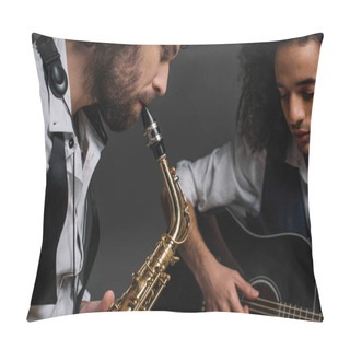 Personality  Duet Of Jazzmen Playing Sax And Acoustic Guitar On Black Pillow Covers