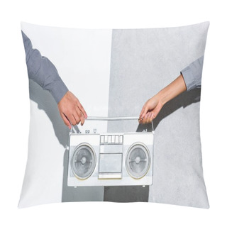 Personality  Close-up View Of Young Couple Holding Boombox In Hands On Grey And White Background  Pillow Covers