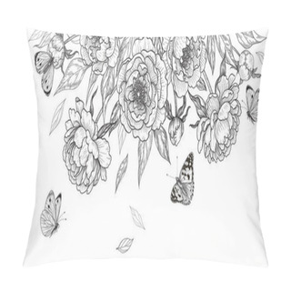Personality  Hand Drawn Blooming Peonies And Butterflies On Blank Background. Black And White Flowers And Flying Moths. Vector Monochrome Elegant Floral Composition In Vintage Style, Template Wedding Decoration. Pillow Covers