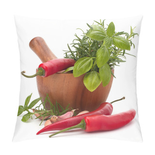 Personality  Fresh Flavoring Herbs And Spices In Wooden Mortar Pillow Covers