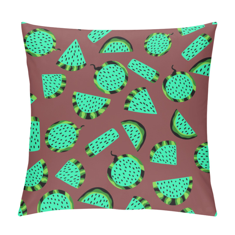 Personality  Green neon watermelon slices on red-brown background vector seamless pattern. Old fashioned hand-drawn fruit motif pattern pillow covers